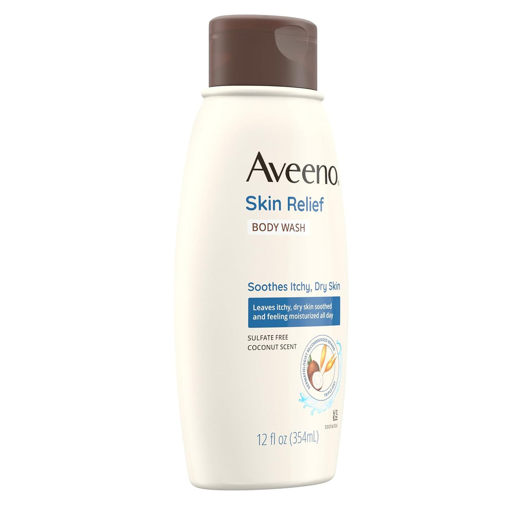 Aveeno Skin Relief Body Wash With Coconut Scent & Soothing Oat, Gentle Soap-Free Body Cleanser For Itchy, Dry & Sensitive Skin, Dye-Free & Allergy-Tested, 12 Fl. Oz