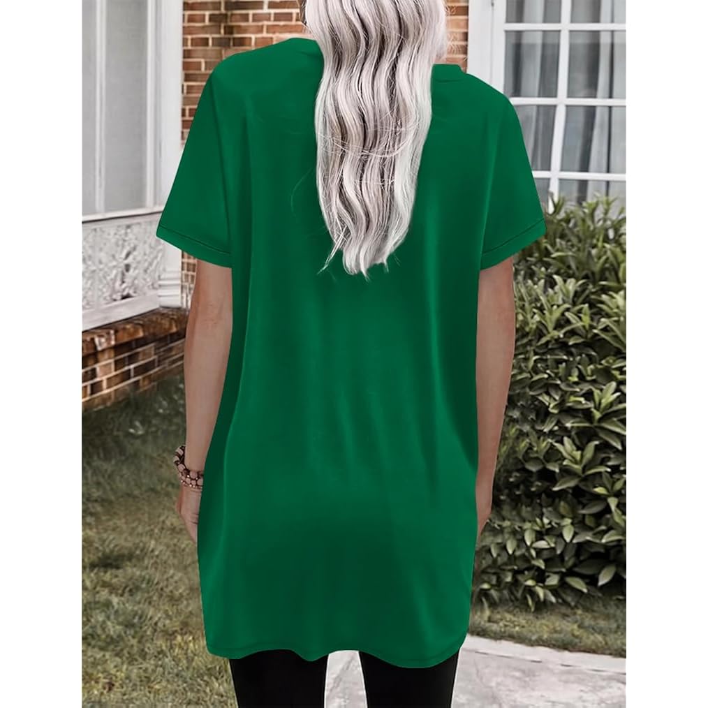 2026 Womens Tunic Tops for Leggings with Pockets Short Sleeve Side Buttons Casual Long T Shirts S-3XL