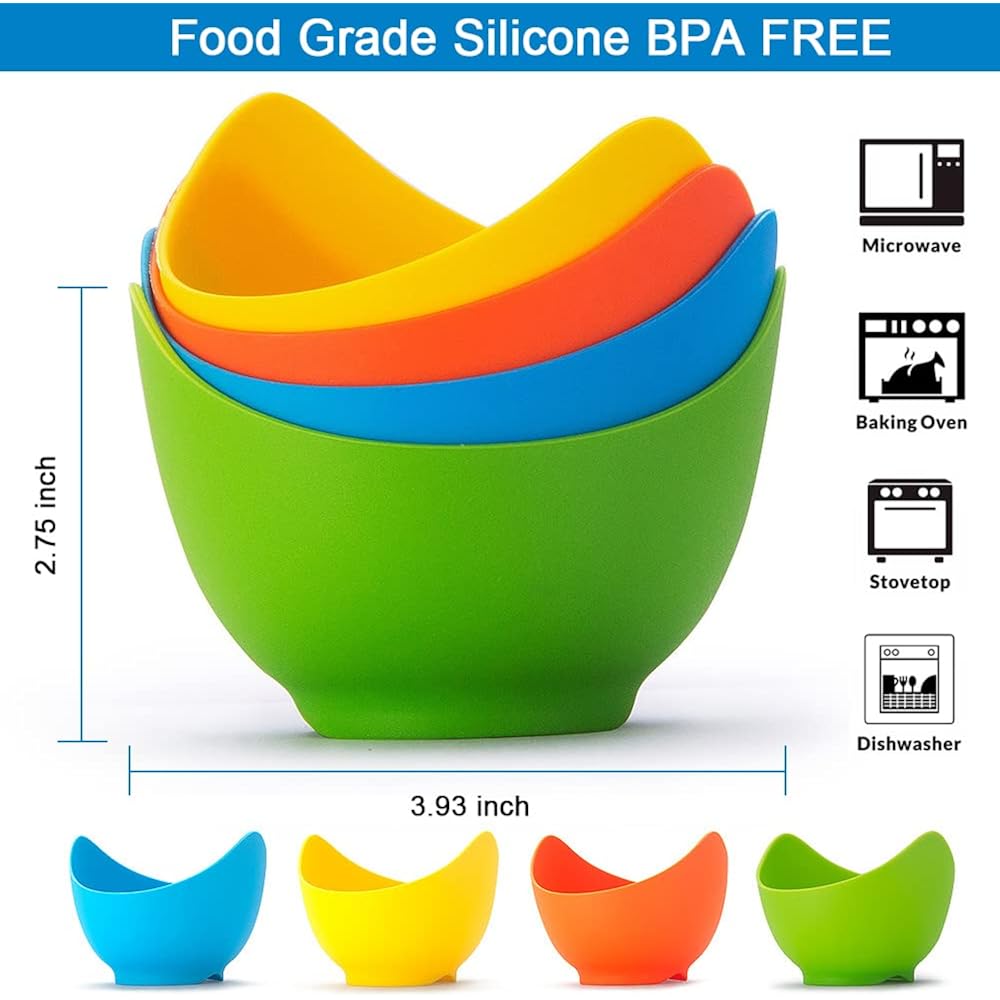 YomiFamily 4 Pack Silicone Egg Poacher Cups with Ring Standers, Nonstick Egg Poaching Cups for Air Fryer, Baking oven or Stovetop Cooking, BPA Free