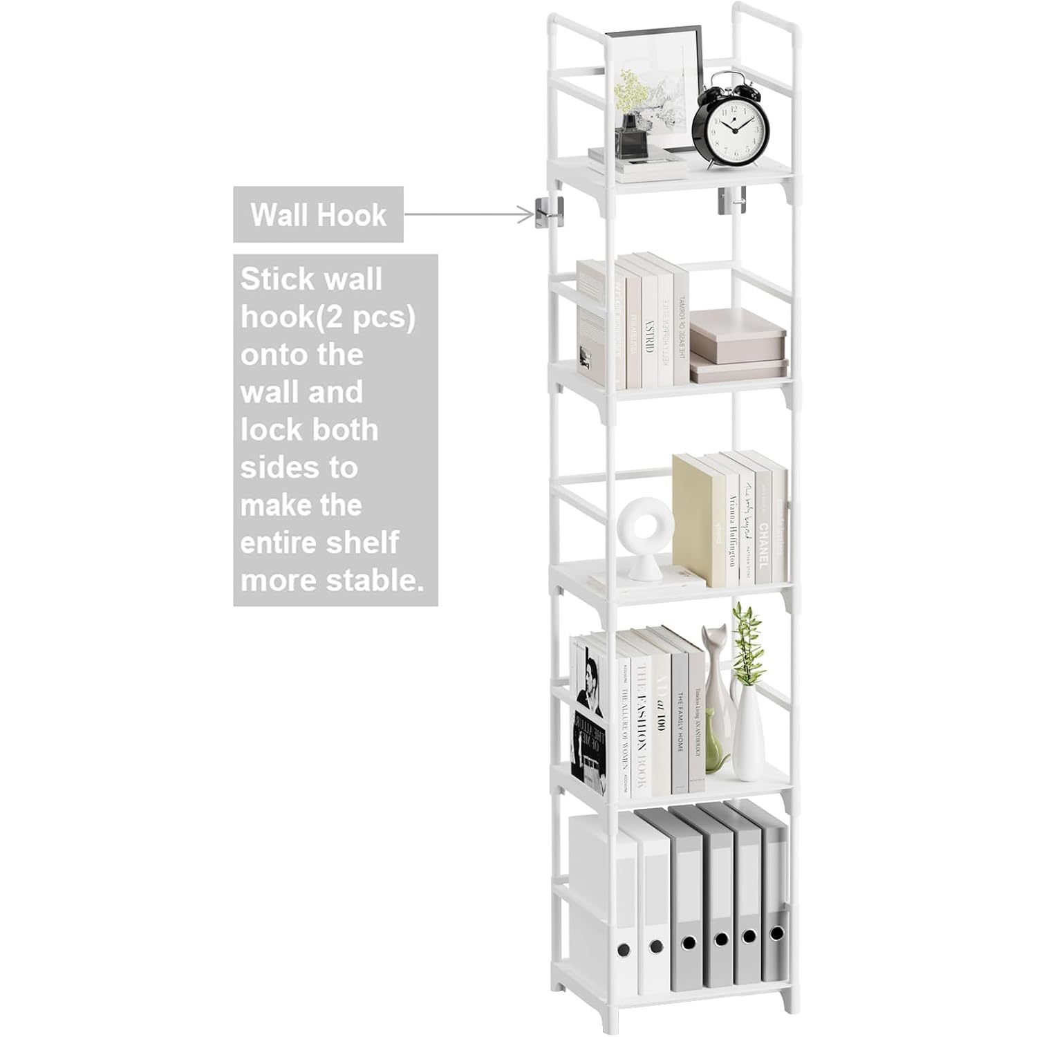 Fiducial Home 5 Tiers Narrow Bookshelf White Skinny Open Book Shelf | Slim Thin Small Spaces For Space Saving, Easy To Assemble, 12"L X 10"W X 57.2"H