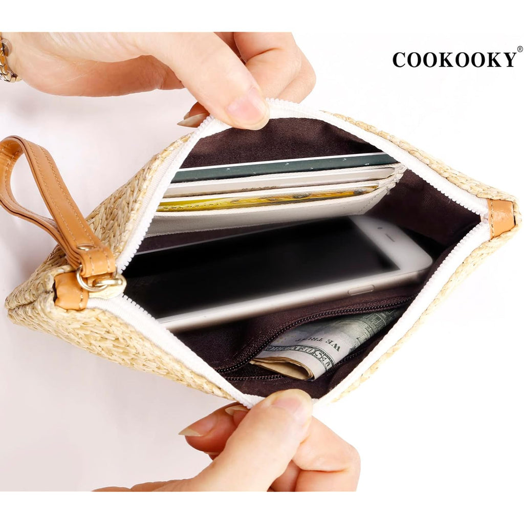 COOKOOKY Womens Straw Clutch Bag Bohemian Summer Beach Straw Purse Zipper Wristlet Wallets for Women