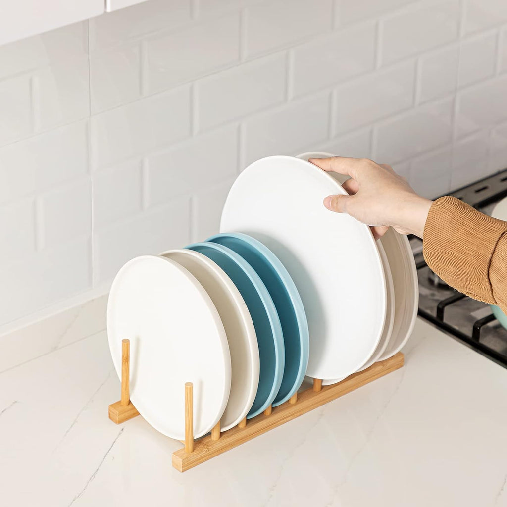 Hblife 2Pcs Bamboo Dish Plate Bowl Cup Book Pot Lid Cutting Board Drying Rack Stand Drainer Storage Holder Organizer Kitchen Cabinet（Keep Dry）