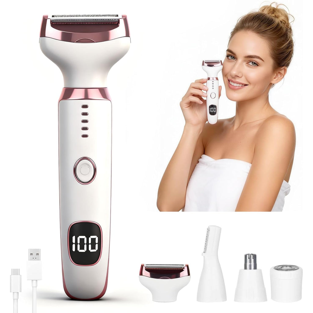Wet & Dry Electric Razor for Women Men,4 in 1 Rechargeable Led Display Electric Shaver and Facial Hair Remover,Painless Ladies Body Razors for Nose Face Body Leg Bikini Arm Hair (White)