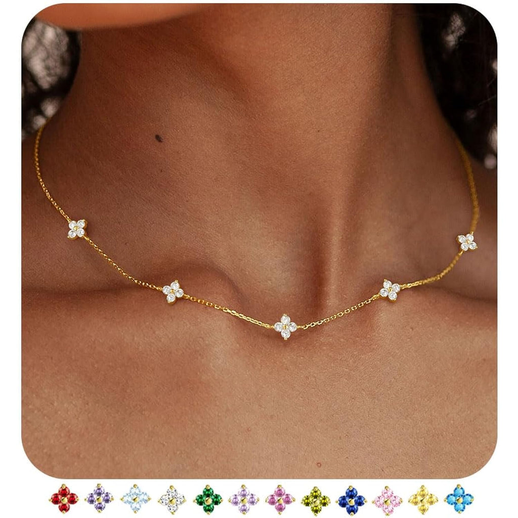 Dainty Clover Birthstone Gold Necklaces for Women Trendy Non Tarnish Layered 14K Gold Plated Station Choker Necklace Cute Flower Friendship Necklace Stack for Wedding Prom Brides Jewelry Gifts