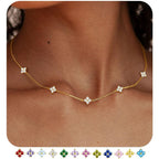Dainty Clover Birthstone Gold Necklaces for Women Trendy Non Tarnish Layered 14K Gold Plated Station Choker Necklace Cute Flower Friendship Necklace Stack for Wedding Prom Brides Jewelry Gifts