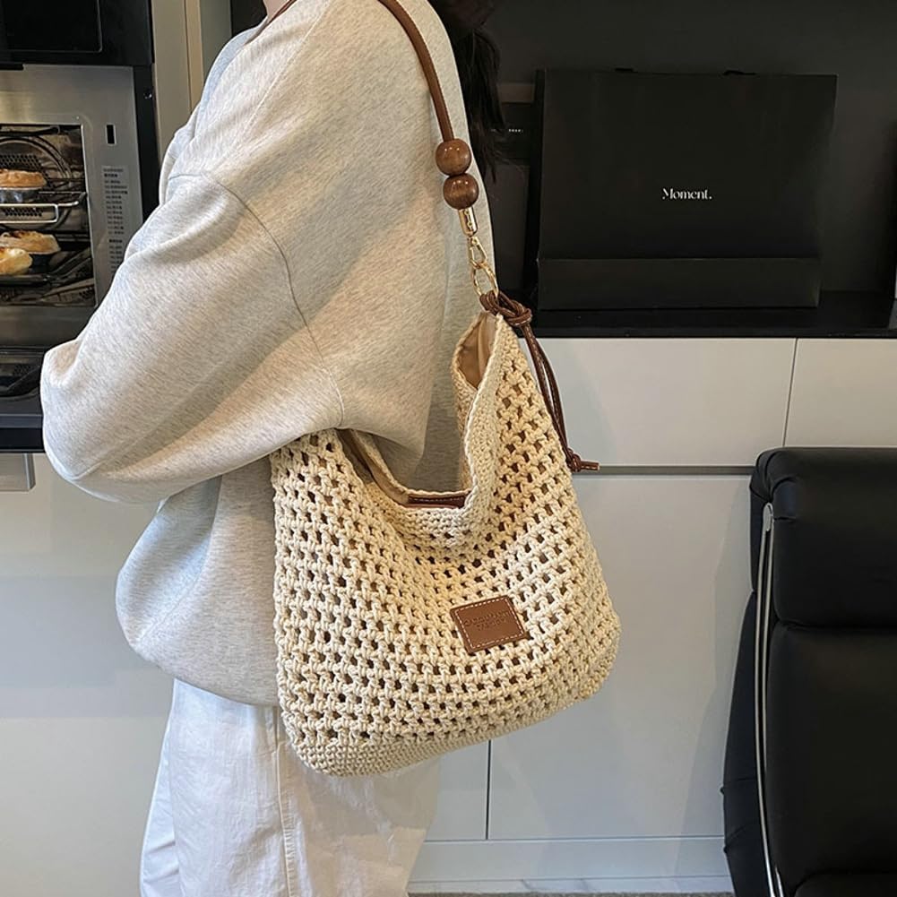Boho Macrame Straw Beach Bag For Women - Summer Crossbody Tote, Lightweight Shoulder Purse For Vacation