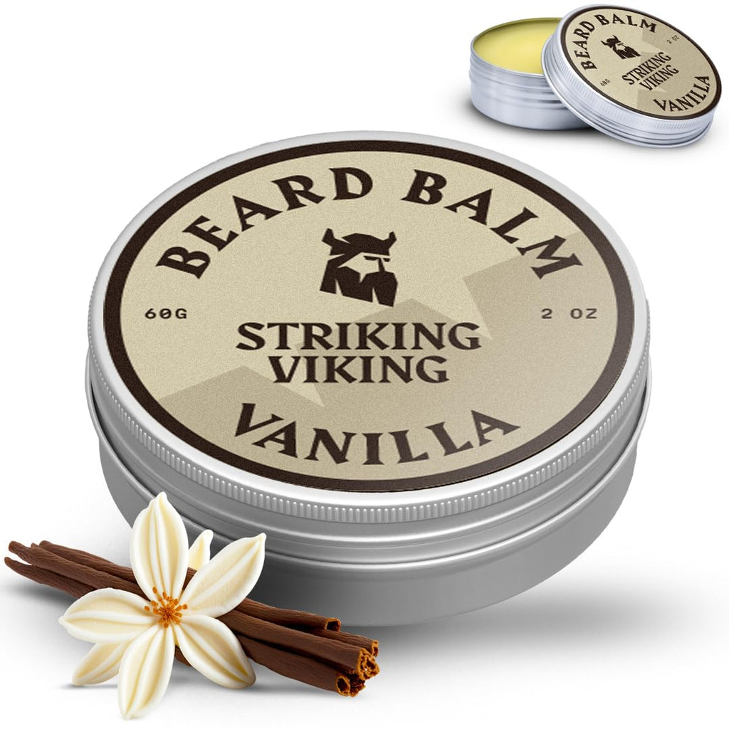 Striking Viking Beard Balm for Men - 2 oz, Vanilla Scent - Light Hold Moisturizer & Beard Conditioner for Men That Softens & Nourishes Coarse Facial Hair with Shea Butter & Tea Tree Oil