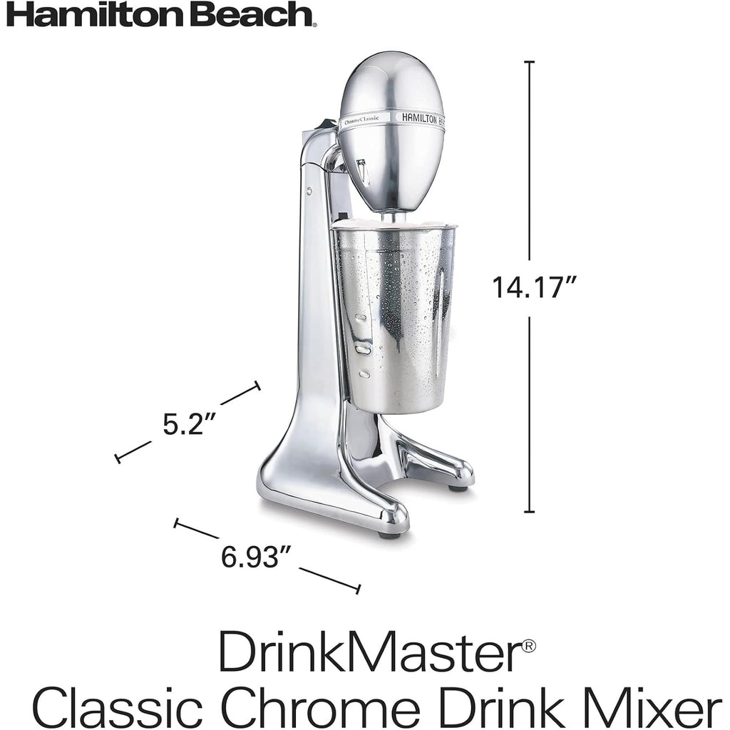 Hamilton Beach Drinkmaster Electric Drink Mixer, Retro Milkshake Maker & Milk Frother, 2 Speeds, Extra-Large 28 Oz. Stainless Steel Cup, Classic Chrome
