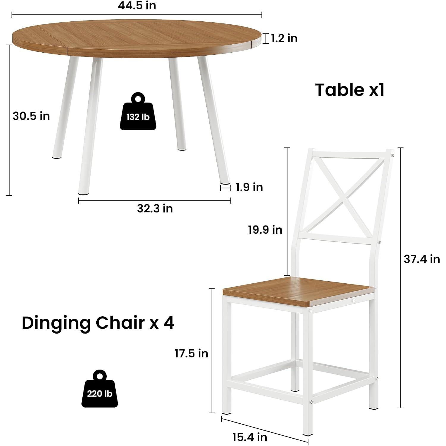 Ironck Round Dining Table Set For 4, Extendable Kitchen Table With 4 Chairs, 44.5" Drop Leaf Desk, Folding For Small Space, Apartment, Natural Wood