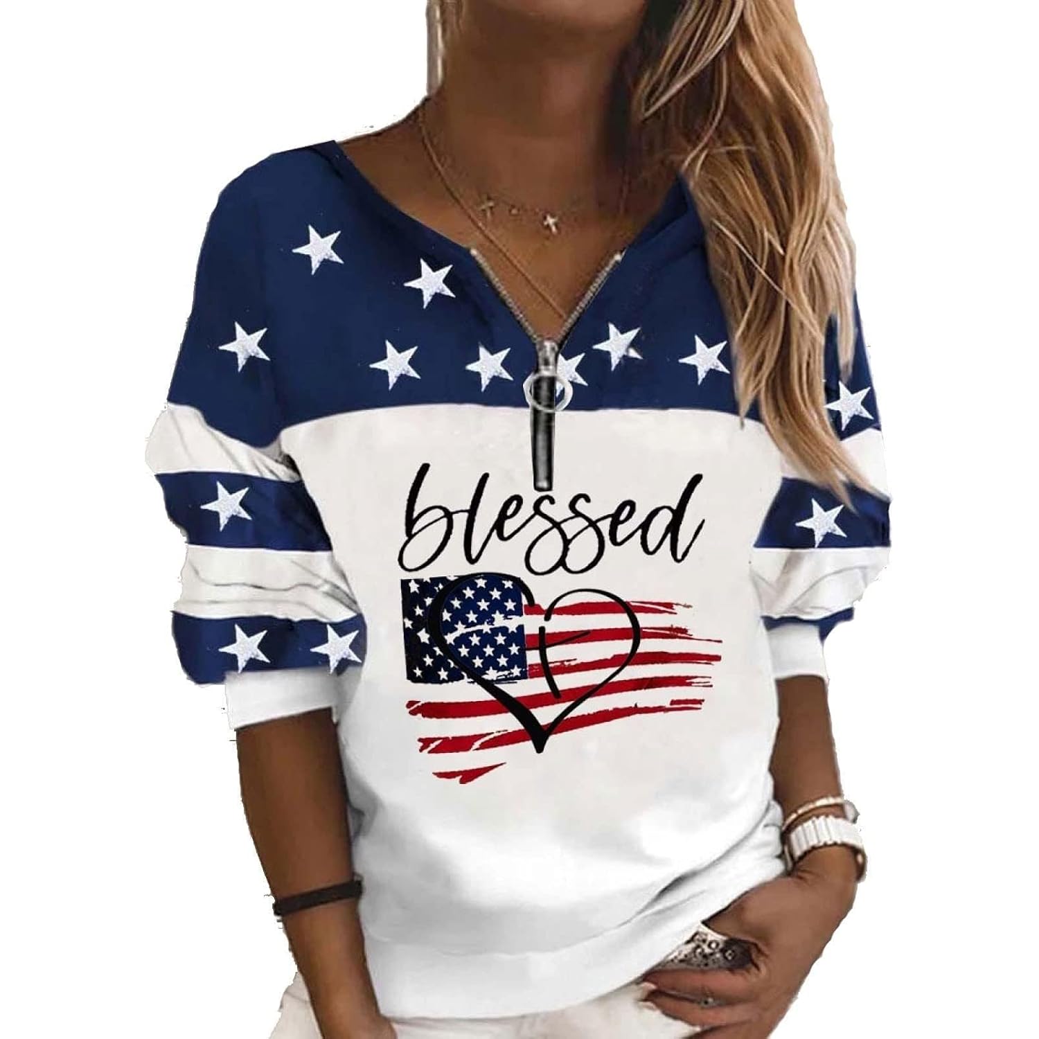 Women'S Usa Flag Blessed Sweatshirt,Casual Striped Print Pullover Zip American Patriotic Pullover Sweater