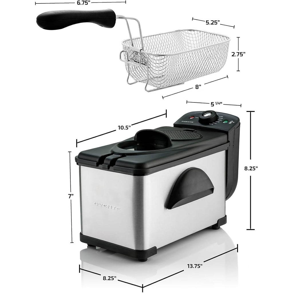 OVENTE Electric Deep Fryer 2 Liter Capacity, 1500 Watt Lid with Viewing Window and Odor Filter, Adjustable Temperature, Removable Frying Basket and Easy to Clean Stainless Steel Body, Silver FDM2201BR