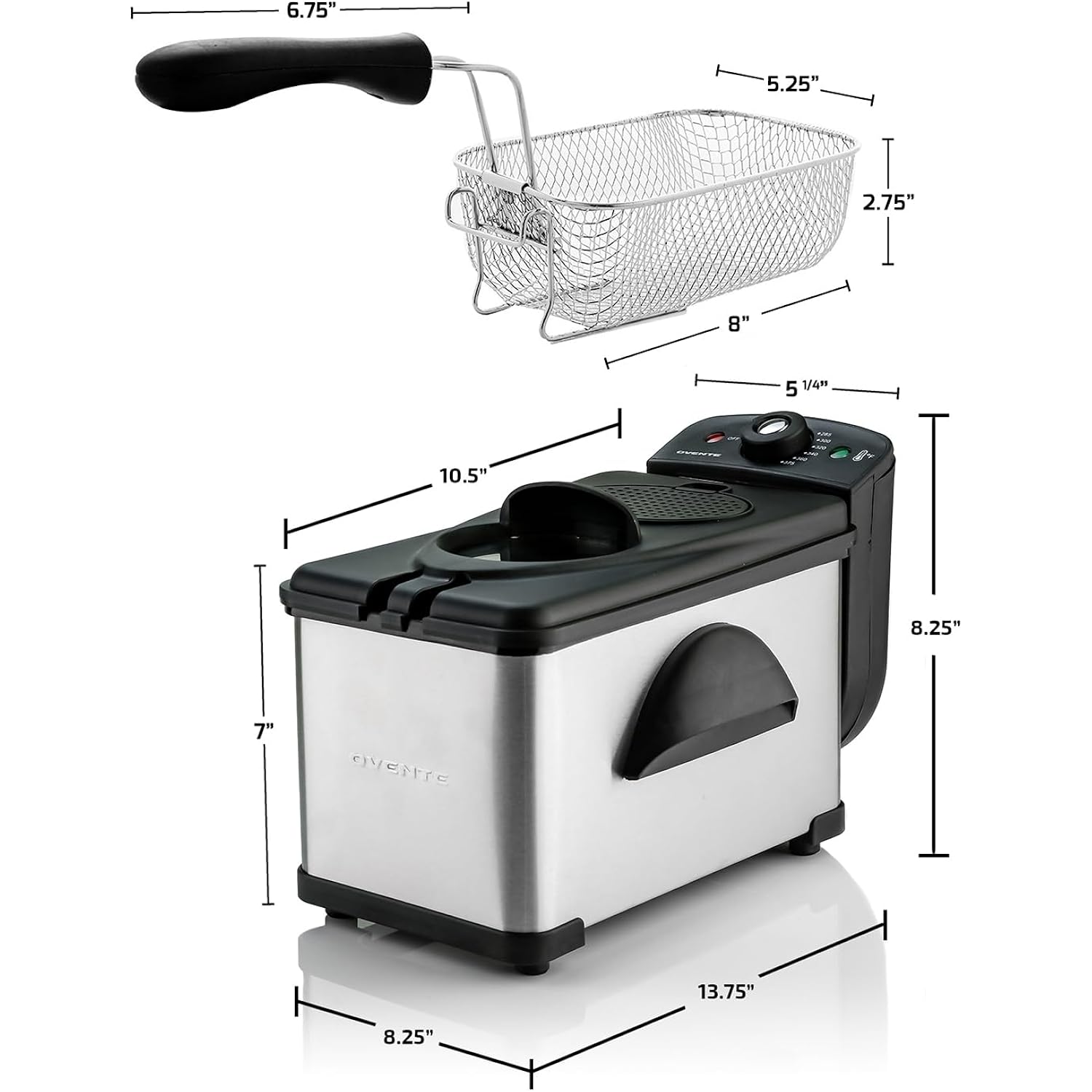 OVENTE Electric Deep Fryer 2 Liter Capacity, 1500 Watt Lid with Viewing Window and Odor Filter, Adjustable Temperature, Removable Frying Basket and Easy to Clean Stainless Steel Body, Silver FDM2201BR
