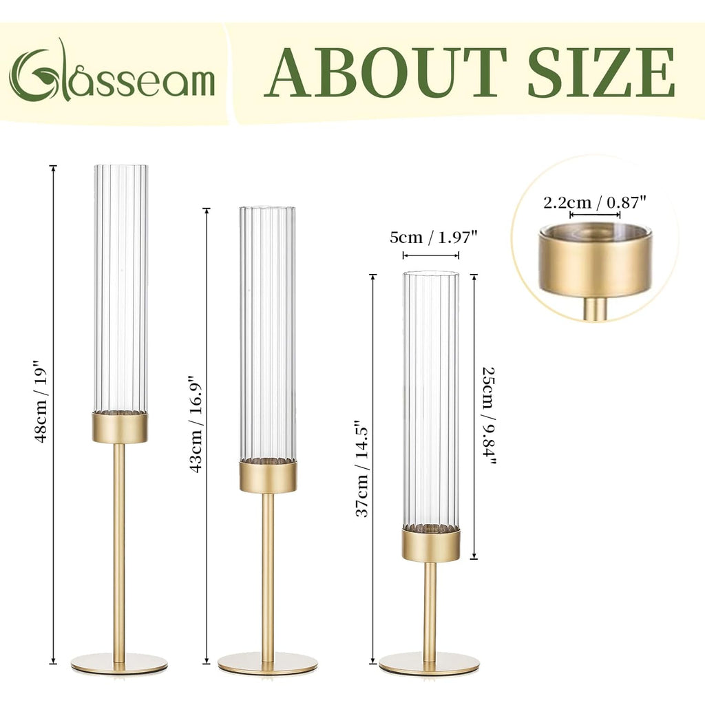 Gold Hurricane Taper Candle Holders: Glasseam 3Pcs Brass Candlestick Holders with Ribbed Glass Cylinder Cover Fluted Tall Candle Sticks Holder Decor for Table Centerpiece Wedding Christmas Decorations