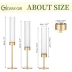 Gold Hurricane Taper Candle Holders: Glasseam 3Pcs Brass Candlestick Holders with Ribbed Glass Cylinder Cover Fluted Tall Candle Sticks Holder Decor for Table Centerpiece Wedding Christmas Decorations