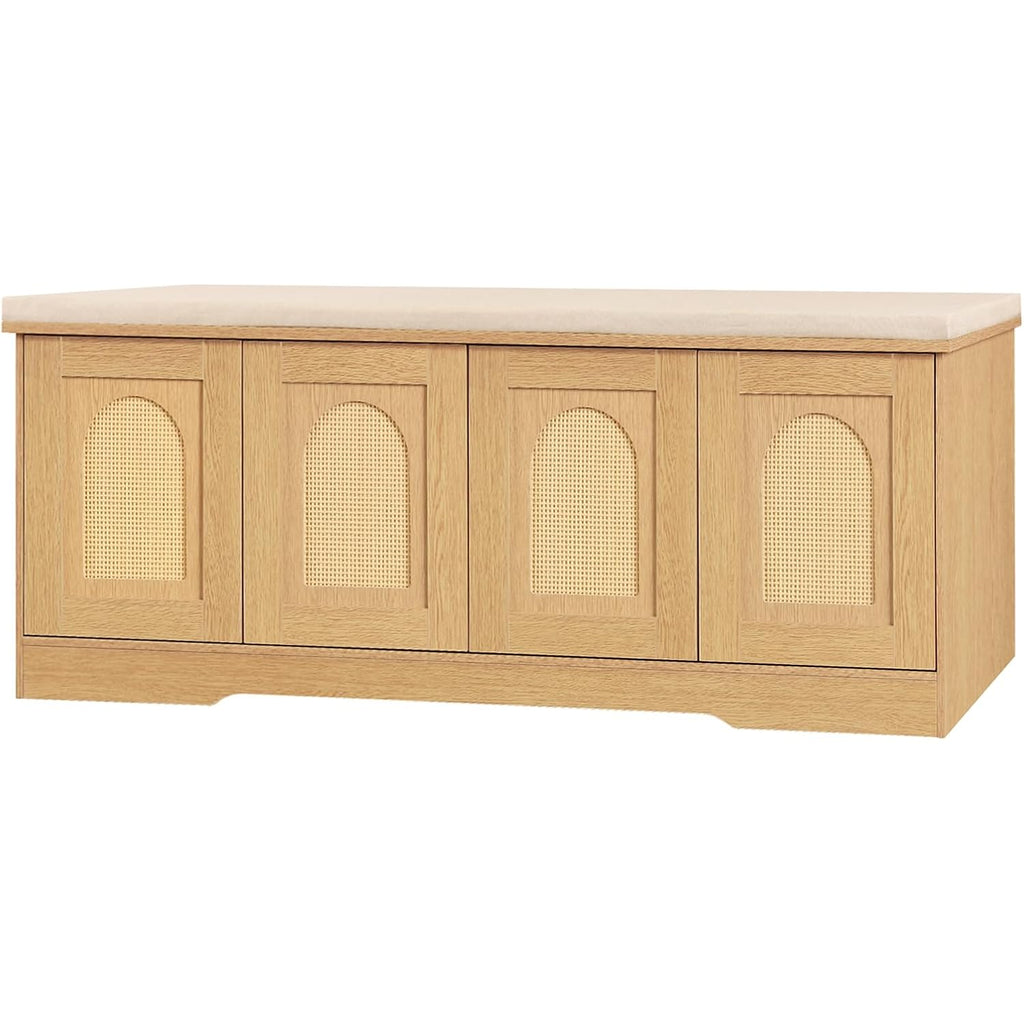 Shoe Bench, Entryway Storage Bench With Doors, Cushion, 2-Tier Shoe Rack With 8-Cubby, 47.2”L X 13.8”W Shoe Organizer Cabinet, Adjustable Shelf, Living Room, Bedroom, Natural With Rattan