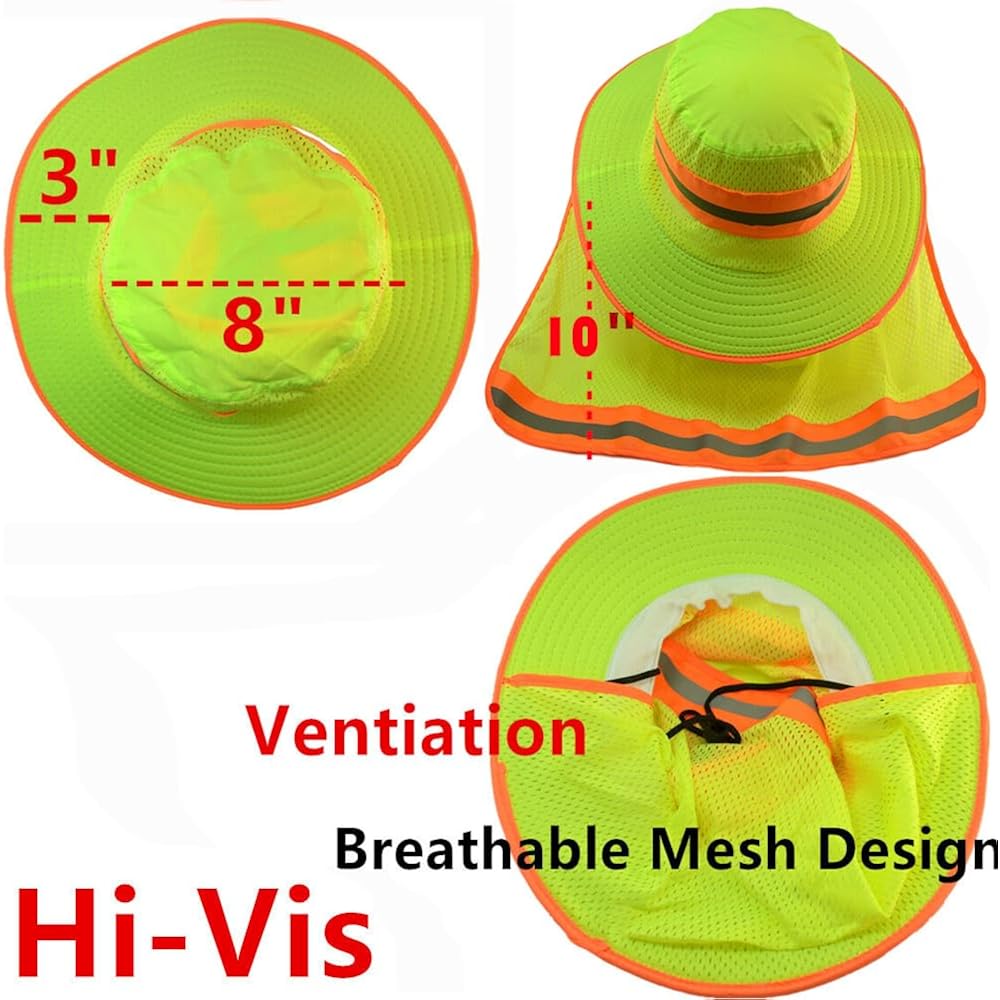 Glory Max High Visibility Reflective Work Safety Bucket Hat Cap Mesh Neck Flap Full Brim 1pc Green +1pc Orange