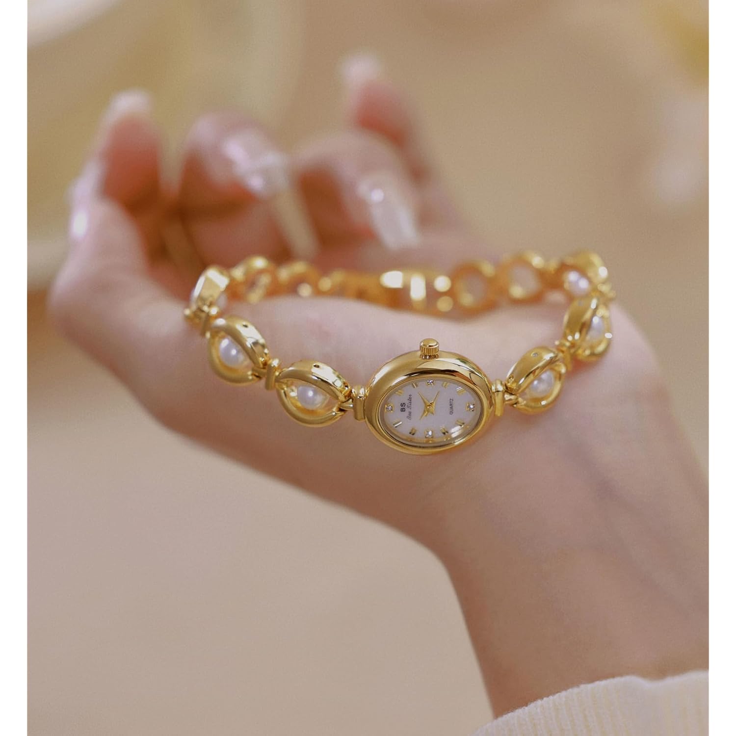 Gosasa Vintage Pearl Bracelet Watch For Women Elegant Small Oval Dial Jewelry Waterproof Dainty Ladies Gift Watch For Mom Wife