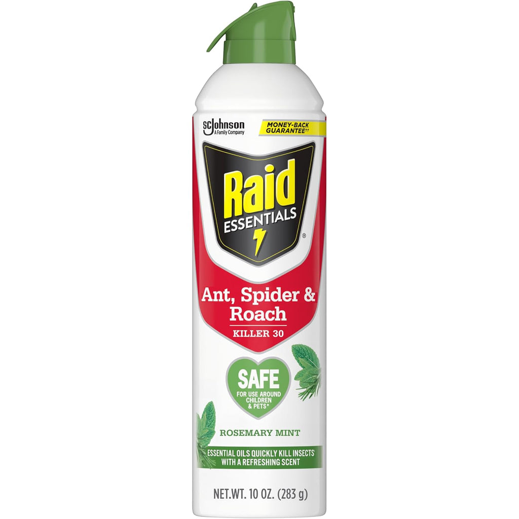 Raid Essentials Ant, Spider & Roach Killer Aerosol Spray, Child & Pet Safe, Kills Insects Quickly, For Indoor Use, Rosemary Mint Scent, 10 Fl Oz