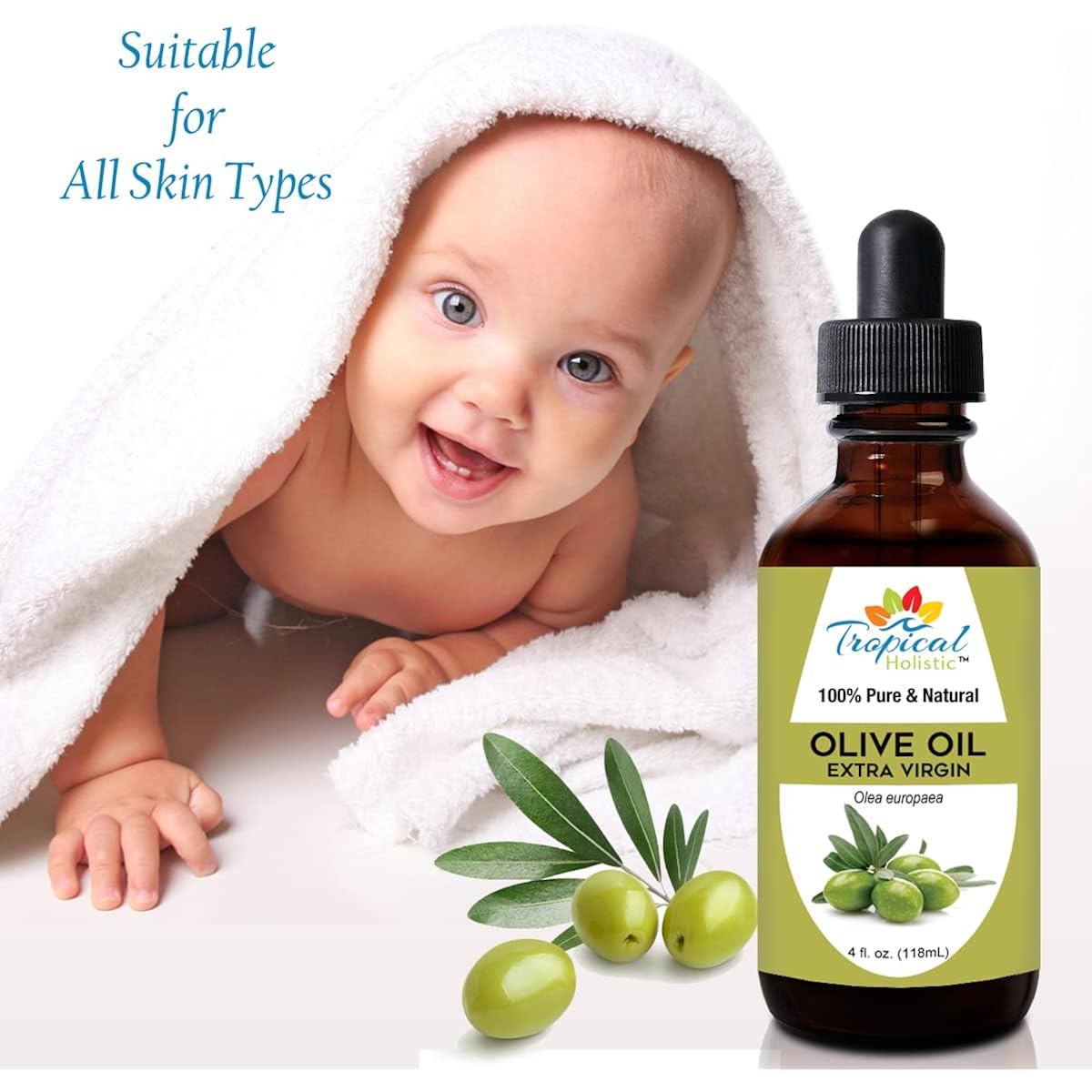 Tropical Holistic Extra Virgin Organic Olive Oil 4 Oz - Cold Pressed Unrefined - Use For Face, Skin, Hair, Dry Scalp, Massage