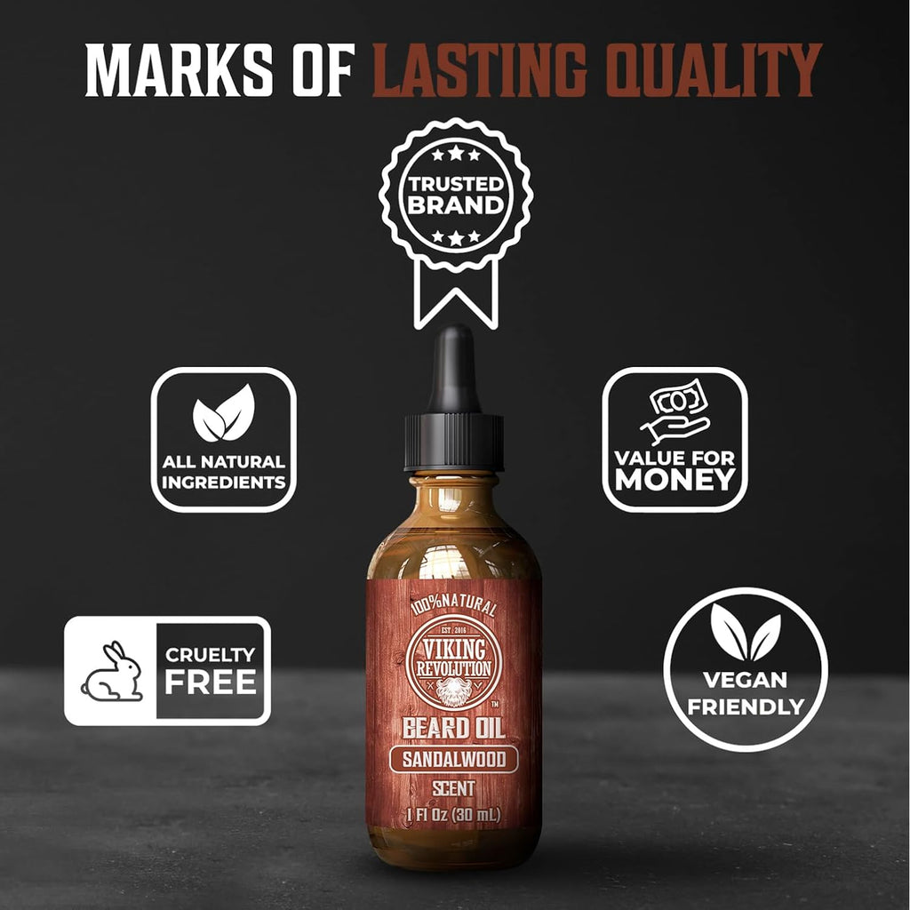 Viking Revolution Beard Oil for Men - Natural Mens Beard Oil with Argan Oil and Jojoba Oil - Beard Softener, Strengthens and Moisturizes - Beard Conditioner for Men (Sandalwood, 1 Pack)