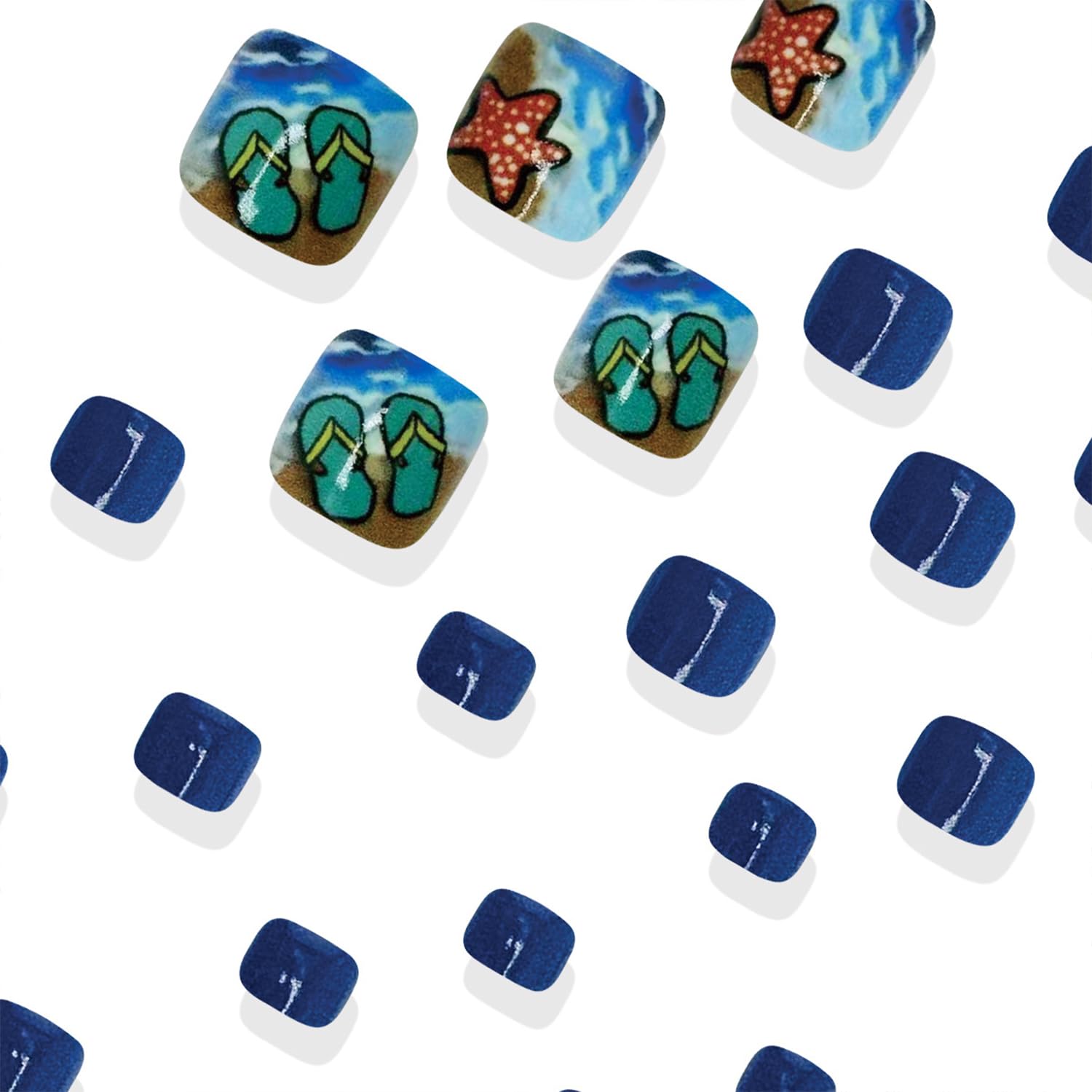 Summer Press on Toenails Short Square Blue False Toe Nails Cute Starfish Glue ons Toe Nail Sea Wave Glossy Acrylic Pressed on Fake Toenails Decorations Reusable for Women