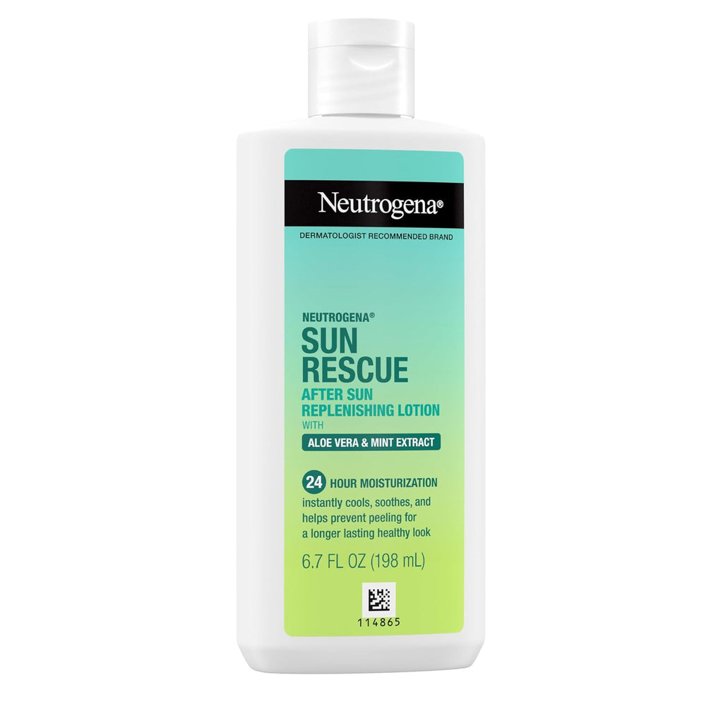 Neutrogena Sun Rescue After Sun Replenishing Lotion With Aloe Vera, Mint Extract, & Vitamin E, 24-Hour Moisture For Healthy Glow For Sensitive Skin, Vegan, Non-Comedogenic Lotion, 6.7 Oz