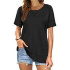 Summer Tops for Women Short Sleeve Crewneck Tshirts Side Split Loose Fit Tunic Shirts