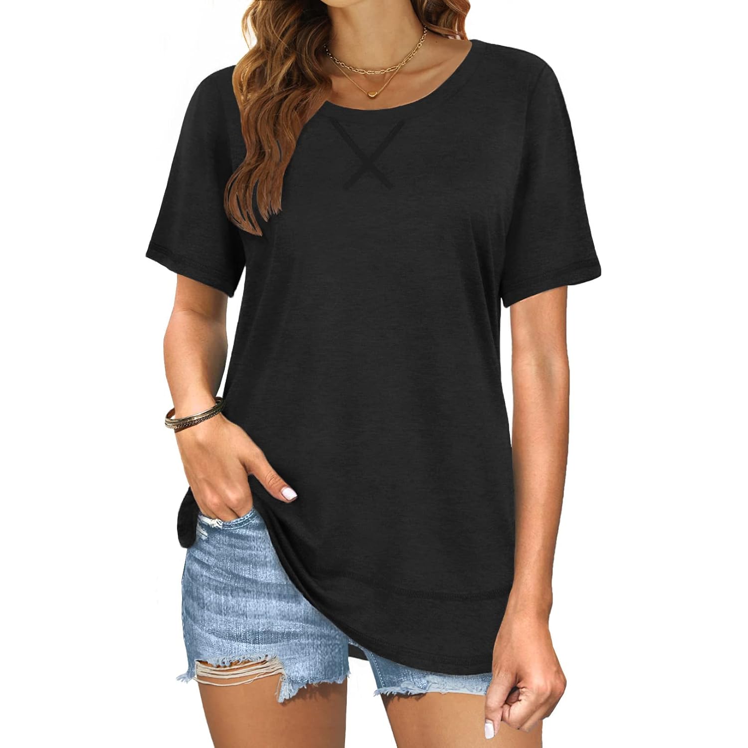 Summer Tops for Women Short Sleeve Crewneck Tshirts Side Split Loose Fit Tunic Shirts