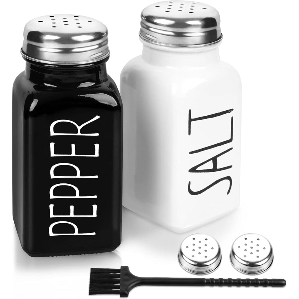 2 Pack Salt And Pepper Shakers Set, Glass Shaker With Stainless Steel Lid, Modern And Cute Farmhouse (Black And White)