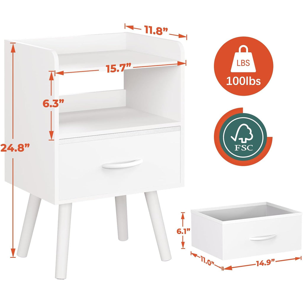 Yoobure Modern Nightstand With Drawer, Bedside Tables, Mid Century Nightstands With Open Storage Shelf, Wood Bedside Table, Small Night Stands For Bedrooms, 2-Tier Night Table