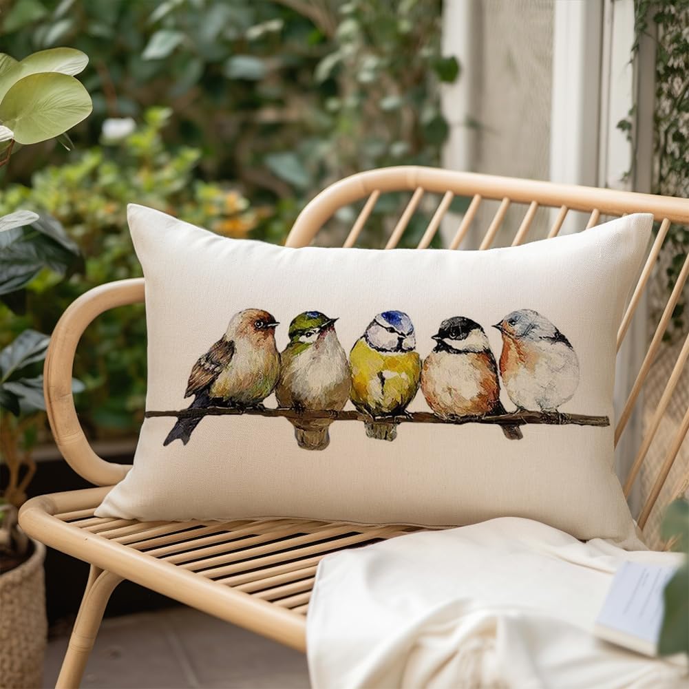 RABUSOFA Watercolor Birds Pillows Decorative Throw Pillows 12x20,Hand-Painted Oil Painting Rustic Birds Lumbar Pillow Cases,Cute Colorful Spring Summer Decorations for Home Couch Sofa Outdoor