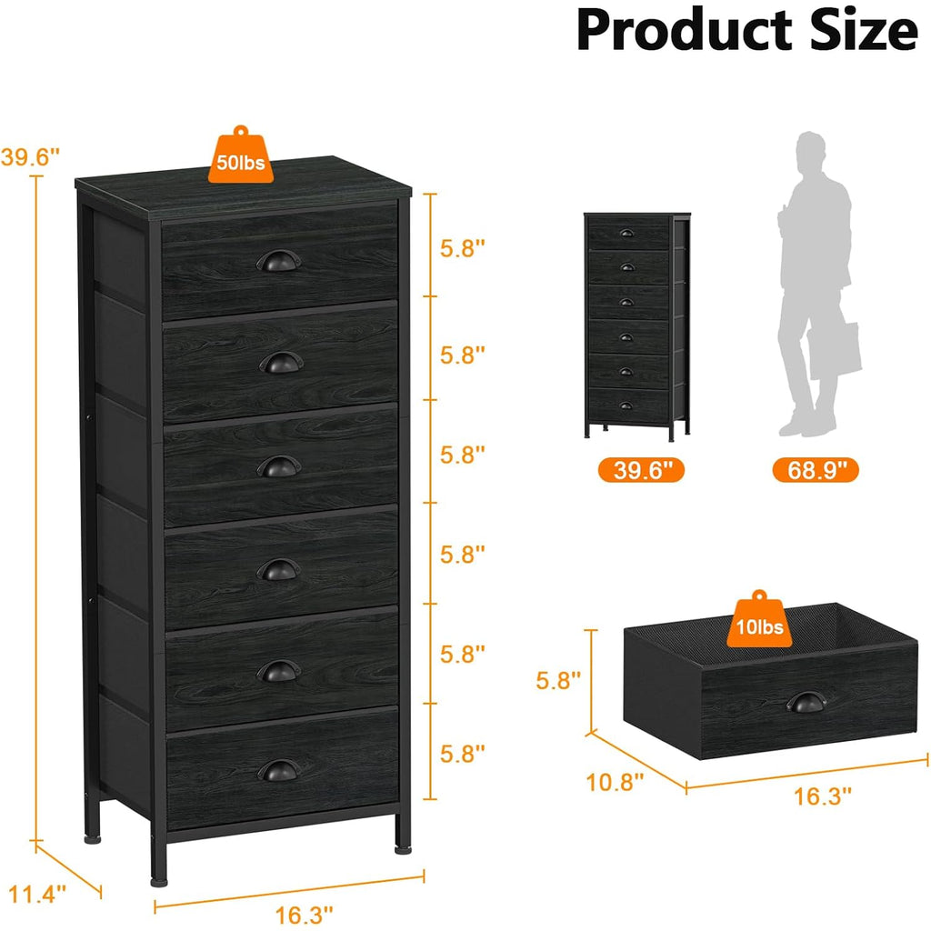 Tall Dresser With 6 Drawers,Vertical Bedside End Table & Chest For Bedroom,Black Storage Tower Dorm Nightstand With Fabric Drawer Organizer Unit Furniture In Living Room,Closet,Hallyway