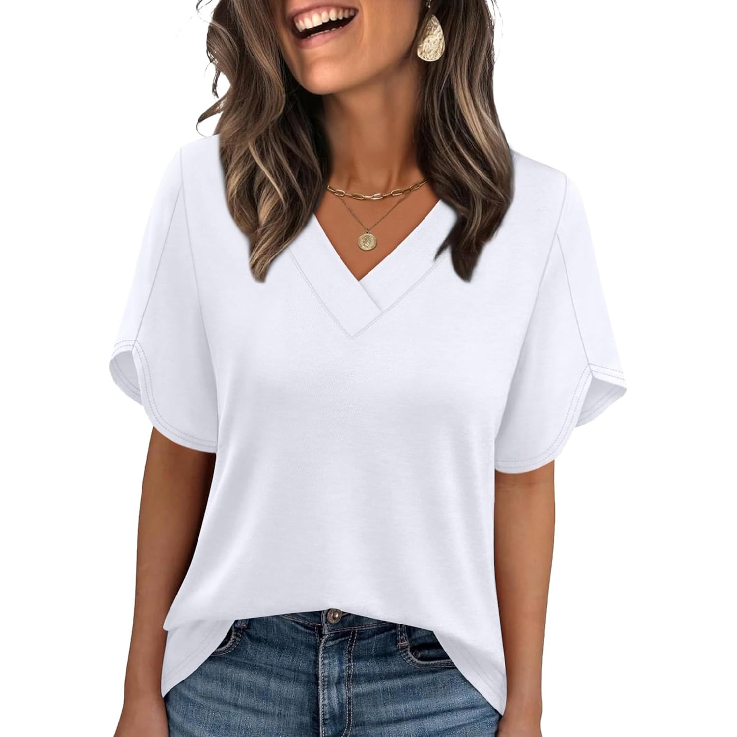 WIHOLL Womens Summer Tops Short Petal Sleeve Shirts Fashion V Neck Womens Clothing
