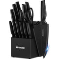 Astercook Knife Set, Kitchen Knife Set with Built-in Sharpener Block, Dishwasher Safe, 15 Pieces German Stainless Steel Knife Block Set, Black Perfect Kitchen Gifts for Mom Dad