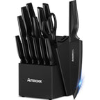 Astercook Knife Set, Kitchen Knife Set with Built-in Sharpener Block, Dishwasher Safe, 15 Pieces German Stainless Steel Knife Block Set, Black Perfect Kitchen Gifts for Mom Dad
