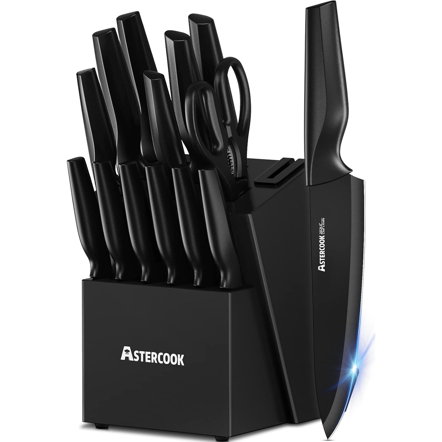 Astercook Knife Set, Kitchen Knife Set with Built-in Sharpener Block, Dishwasher Safe, 15 Pieces German Stainless Steel Knife Block Set, Black Perfect Kitchen Gifts for Mom Dad