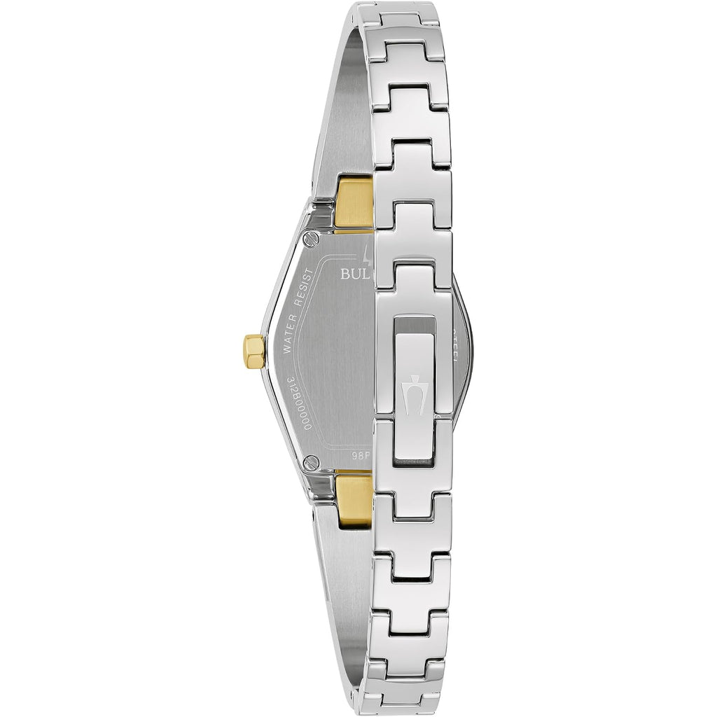 Bulova Ladies Modern Gemini Diamond Silver And Gold Stainless Steel Watch,Tonneau Shape Blue Dial, Model: 98P218