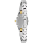 Bulova Ladies Modern Gemini Diamond Silver And Gold Stainless Steel Watch,Tonneau Shape Blue Dial, Model: 98P218