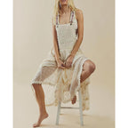 Ebossy Women'S Laced Embroidered Tulle Bib Dress Casual Loose Adjustable Straps Maxi Dress