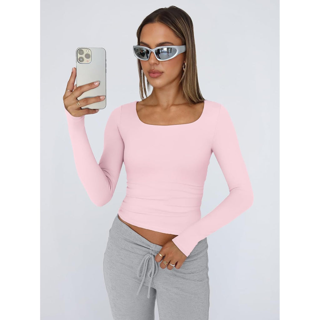 Trendy Queen Womens Square Neck Long Sleeve Shirts Double Lined Fall Tops | Buttery-Soft,High Stretch,Body-Hugging Fit,Essential Staple,Chic Layering Base,Office To Party Look