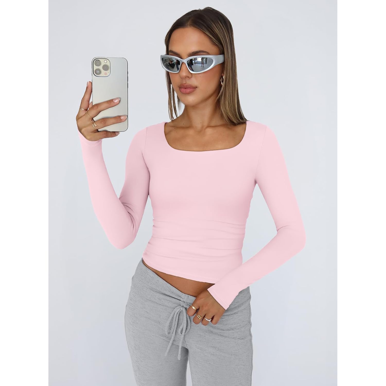 Trendy Queen Womens Square Neck Long Sleeve Shirts Double Lined Fall Tops | Buttery-Soft,High Stretch,Body-Hugging Fit,Essential Staple,Chic Layering Base,Office To Party Look