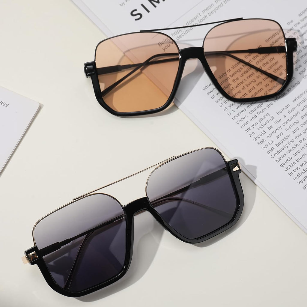Retro Oversized Aviator Sunglasses Trendy Double Bridge Square Sunglasses 70S Shades Uv Protection