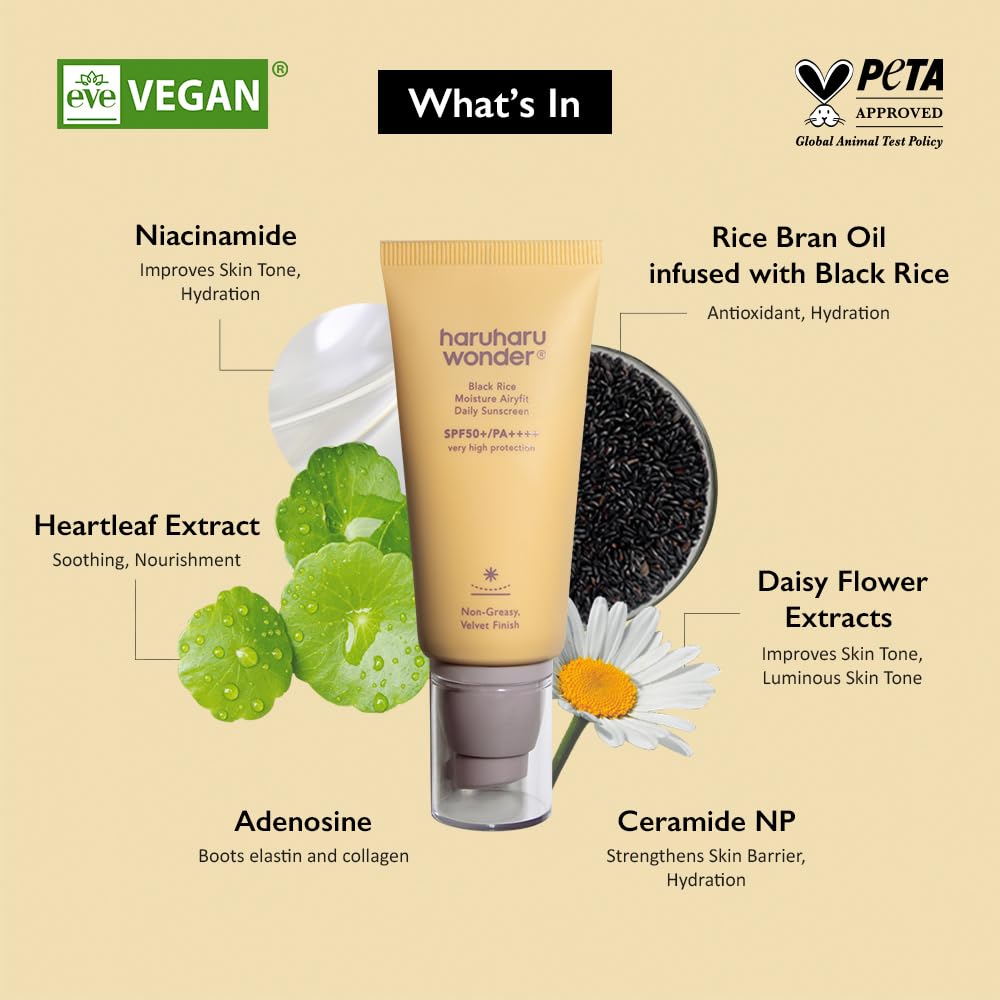 Haruharu Wonder Black Rice Moisture Airyfit Daily Sunscreen 1.69Fl.Oz - Velvet Finish, No White Cast, Hydrating, Moisturizing, Korean Skin Care, Vegan, Clean Beauty