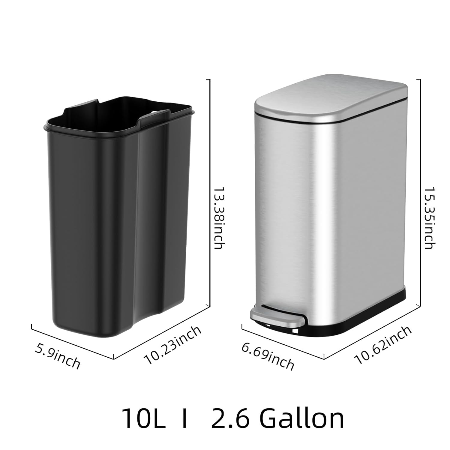 Ksskss 2.6 Gallon Slim Bathroom Trash Can With Soft Close Lid, 10L Stainless Steel Garbage Can With Removable Liner Bucket, For Narrow Spaces,Bathroom, Bedroom (Silver)