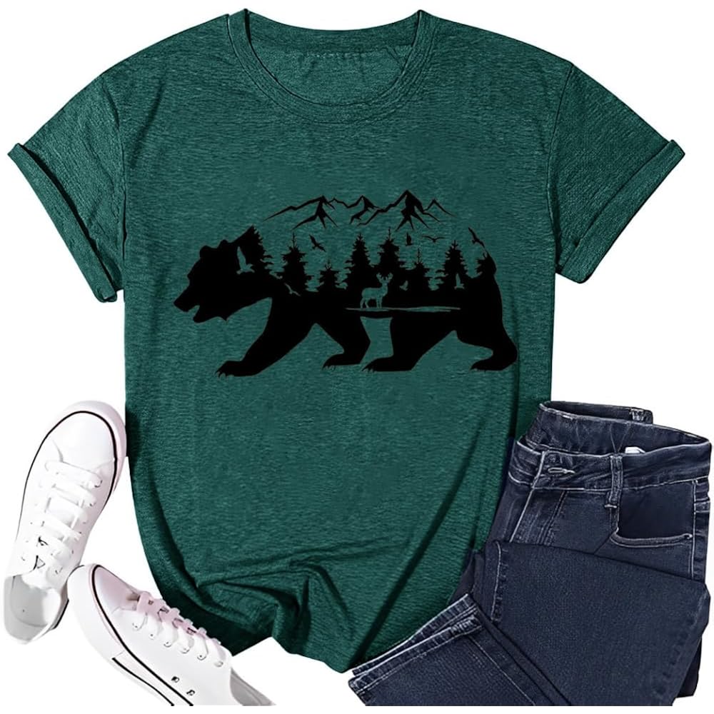 Vintage Boho Graphic Tees for Women Summer Round Neck Nature Cottagecore Tee Tops Bear Green