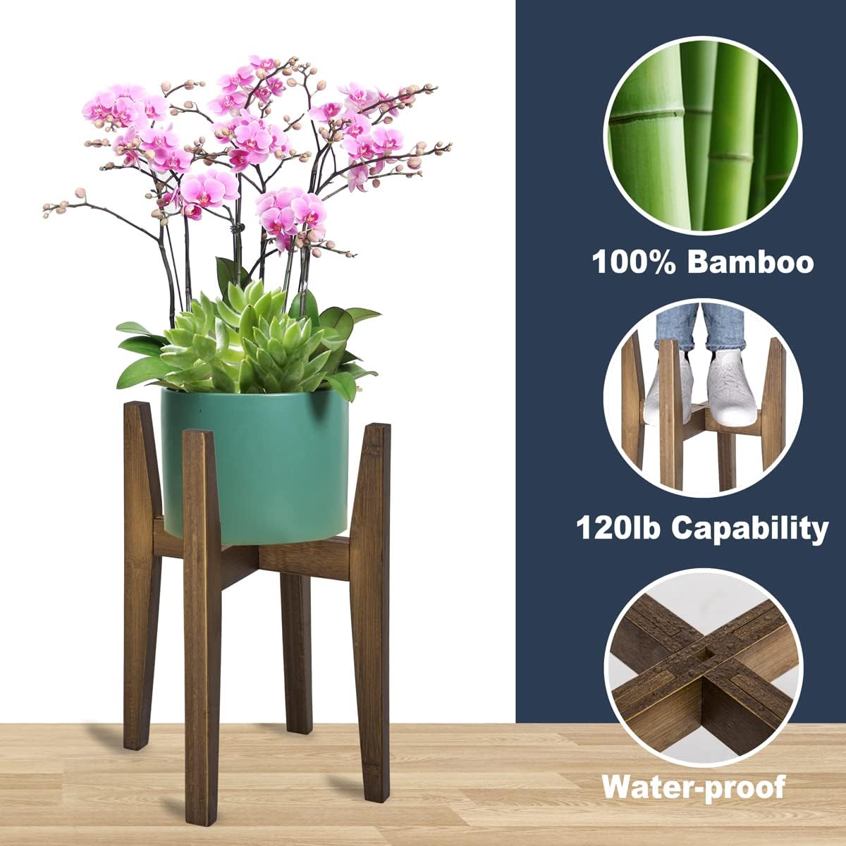 Adjustable Plant Stand, Bamboo Mid Century Modern Indoor Plants Stands, Corner Flower Holder For Living Room, Fits 8 To 12 Inches Pots, (Pot & Plant Not Included)(Walnut, 1 Pack)