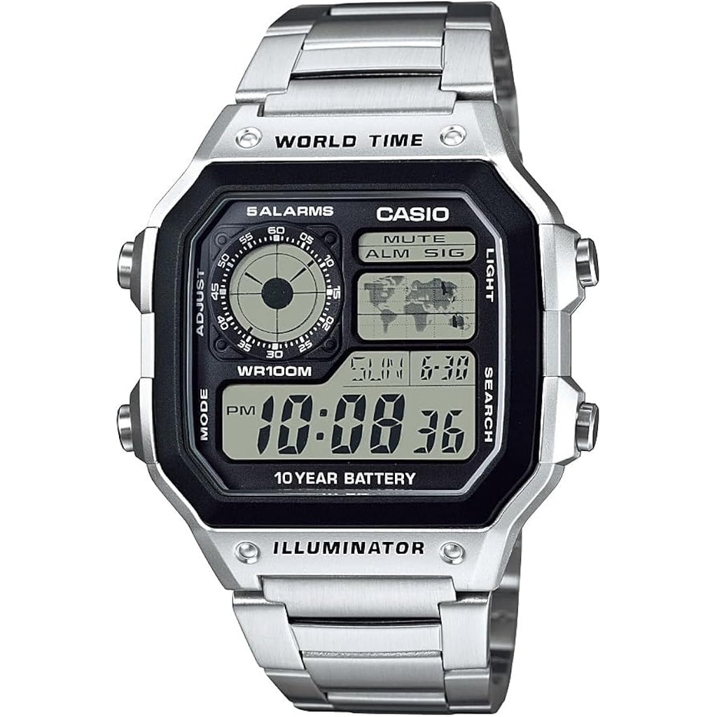 Casio Ae1200Wh Series | Men’S Digital Watch | 100M Wr | Multi Alarms | 100 Sec Stopwatch | Countdown Timer | World Map For World Time | Led Light | Lc Analog Display | 10 Year Battery