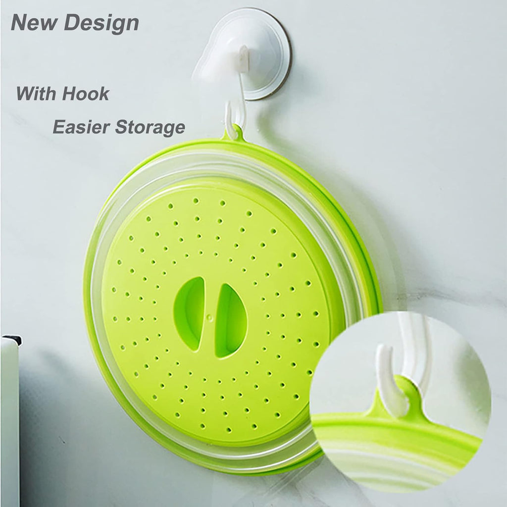 Upgraded Collapsible Microwave Lid, Vented Microwave Splatter Cover, 10.5 inches Plate Cover with Hook Hole, Vegetable Fruit Colander Multi-function Kitchen Gadget, BPA Free, Dishwasher Safe