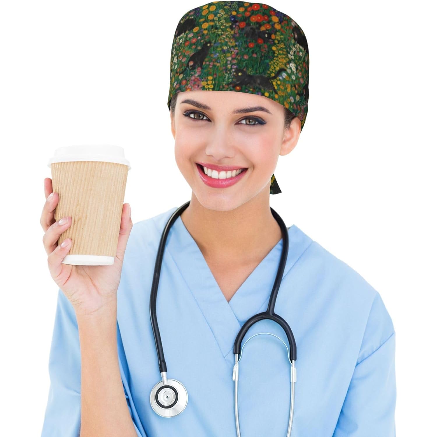 Unisex Adjustable Scrub Caps Elastic Surgical Cap for Men Women Nurse Working Cap with Sweatband Floral Cats