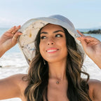 Women Summer Sun Hat Floral Beach Hat Wide Brim UV Protection Packable Bucket Cap for Vacation Travel Beige